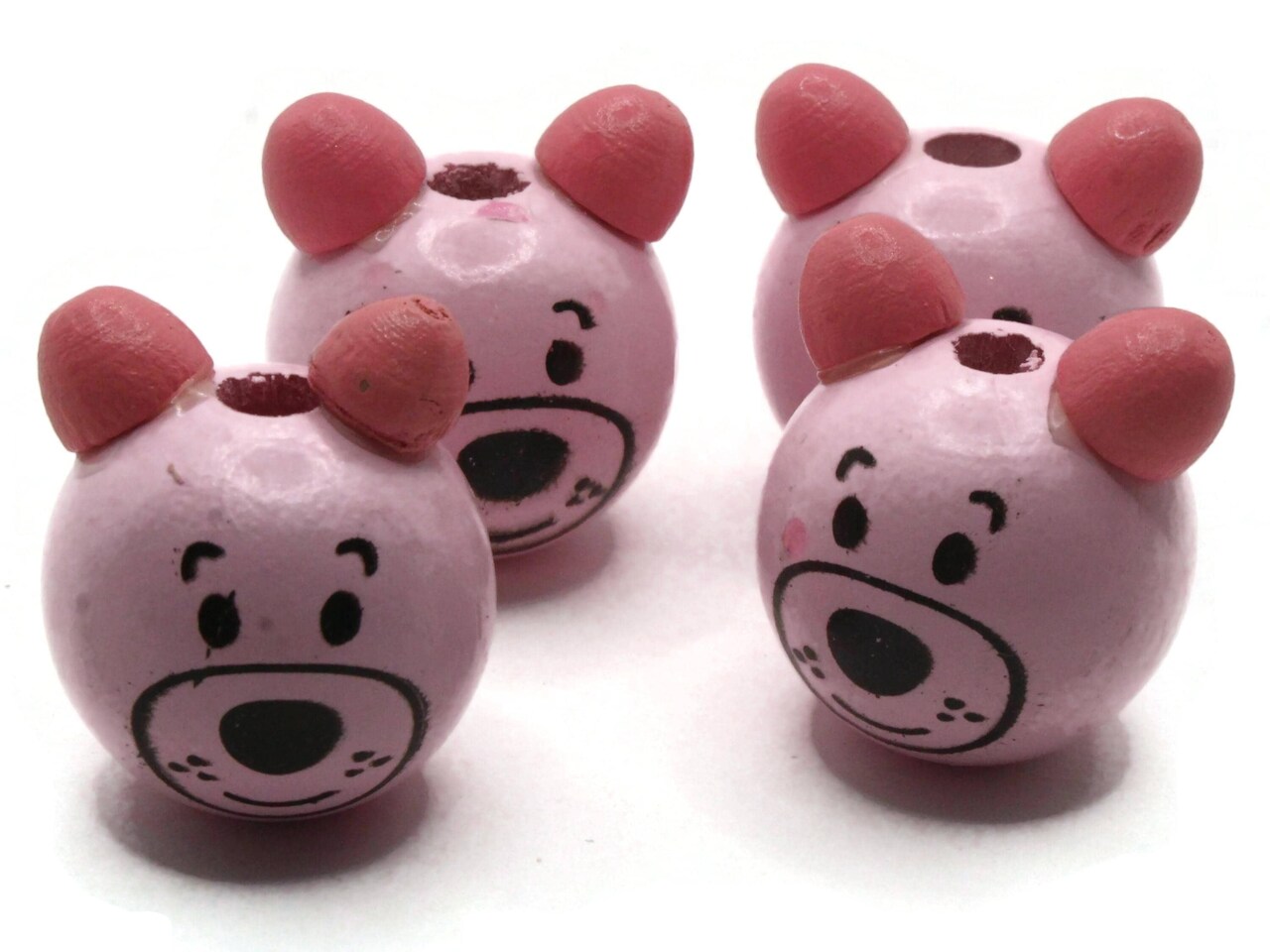 4 26mm Round Pink Wood Bear Head Beads Large Hole Wooden Beads